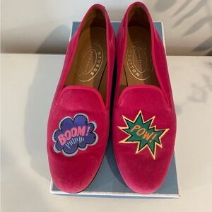Stubbs & Wootton Magenta pink velvet slipper cartoon embroidery size 10.